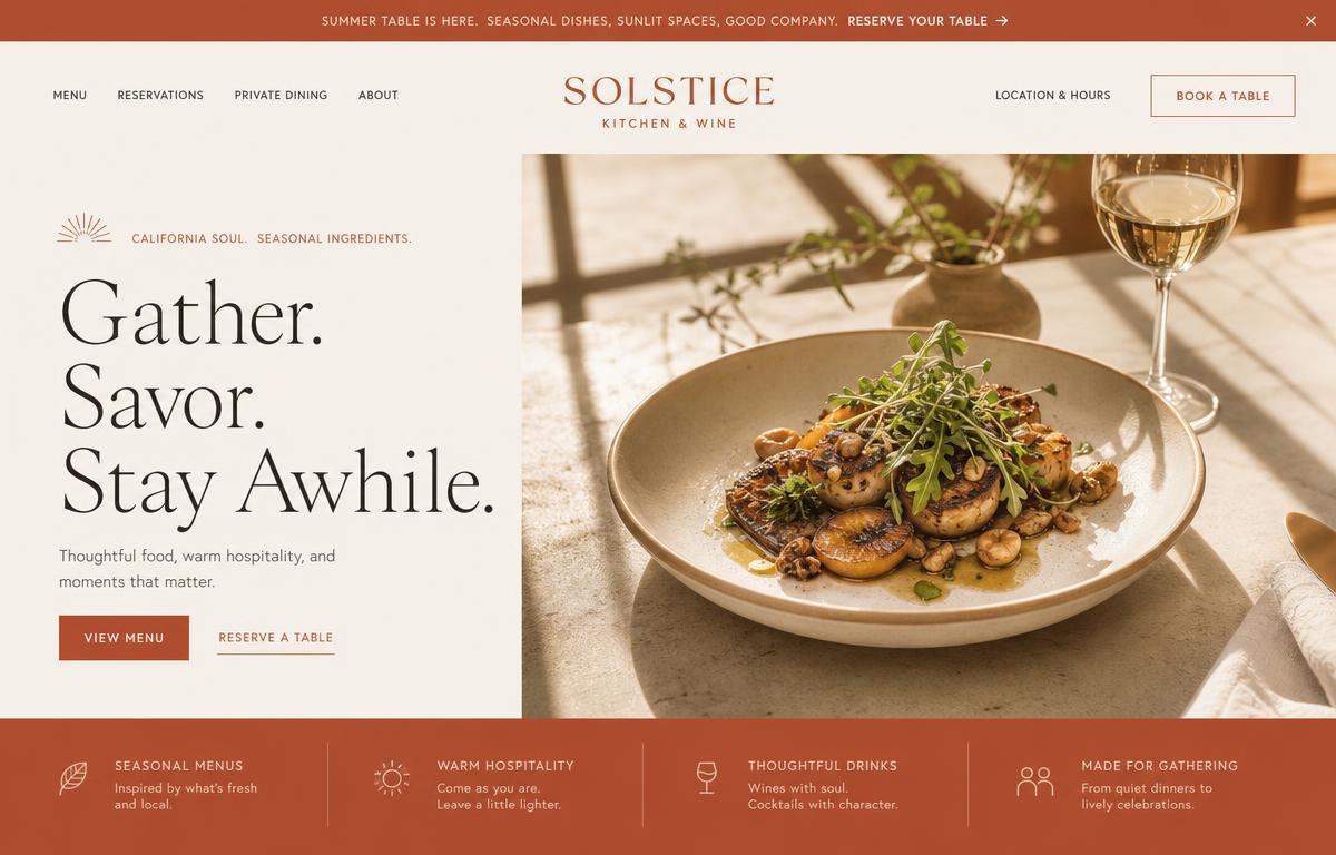 Example of a restaurant website designed for a local business